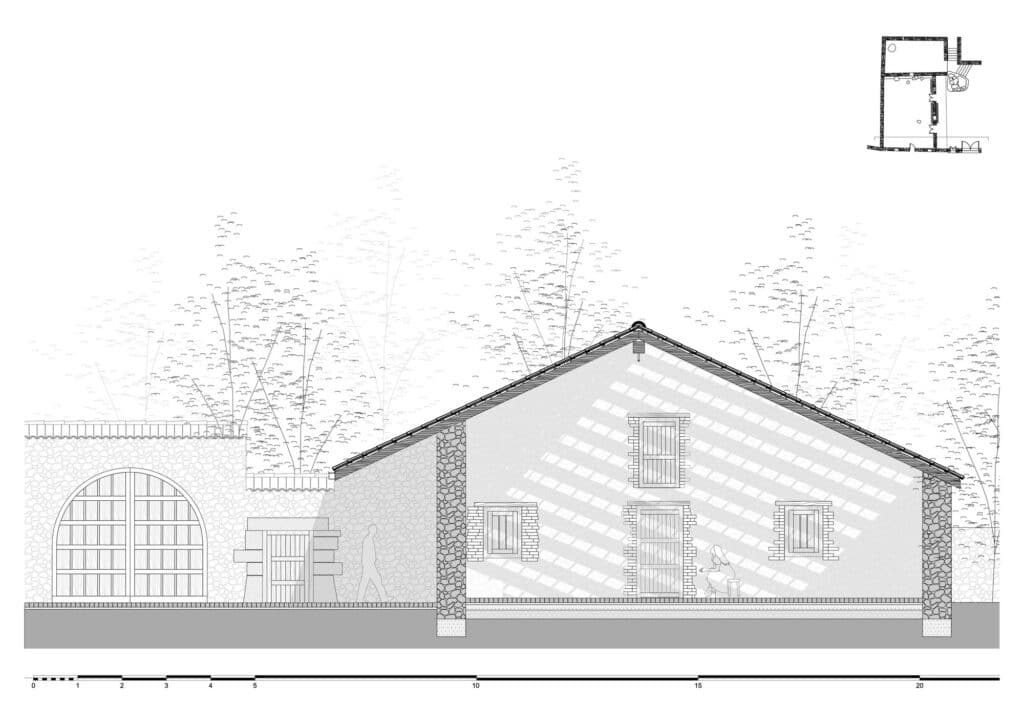 Architectural cross-section drawing of the pavilion showing the roof pitch, light filtration, and interior height.