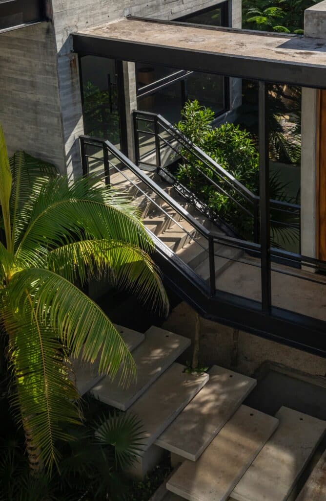 High-angle shot of a sculptural concrete staircase and steel railings at Vihara House surrounded by palm leaves.