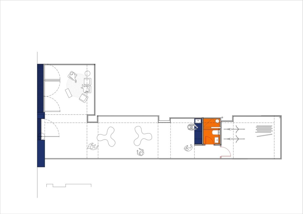 Technical 2D architectural floor plan showing an L-shaped layout with color-coded functional zones in blue and orange.