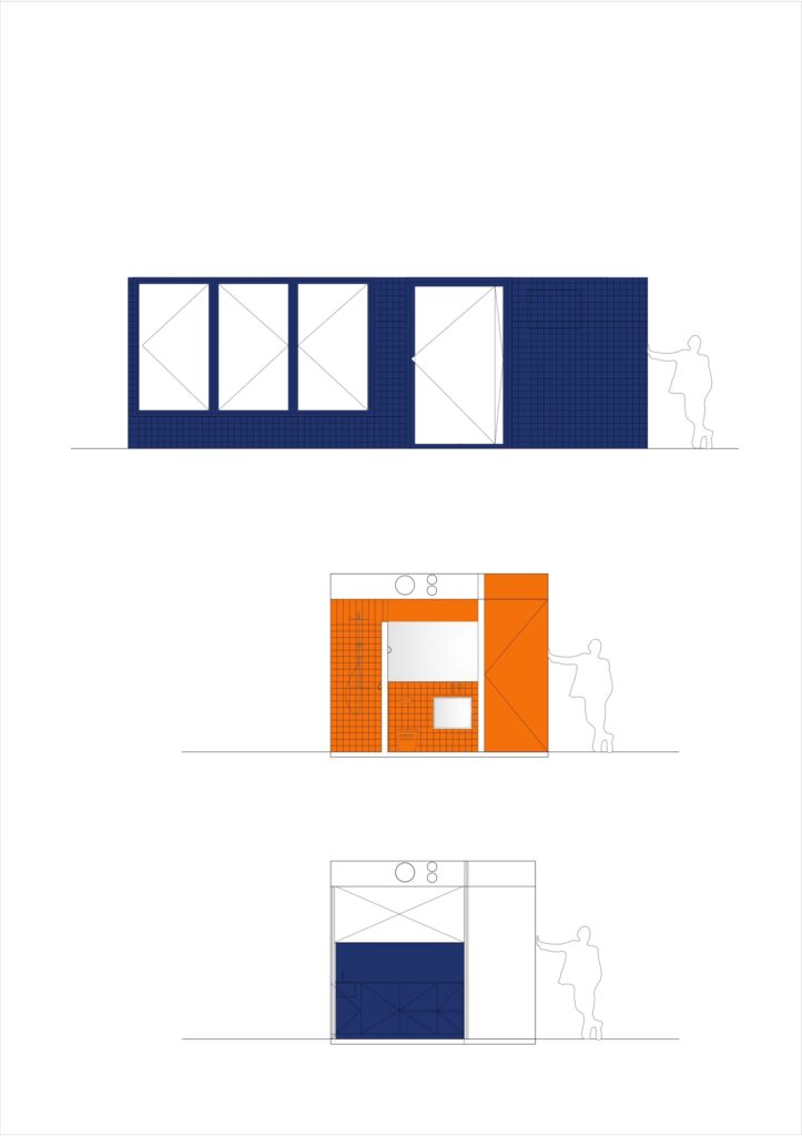 Architectural elevation drawings showing the front facade and interior sections with blue and orange highlights.