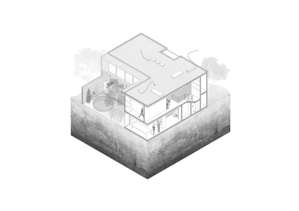 Axonometric section drawing of Casa Refugio showing the interior volume, skylights, and relationship with the ground.