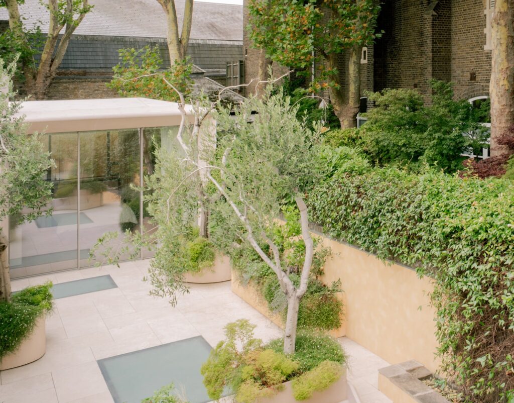 Overhead bird's-eye view of a landscaped sunken courtyard in Belgravia with olive trees and stone paving.