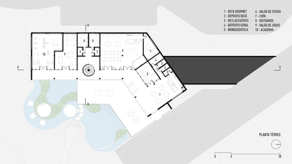 Detailed architectural floor plan of the ground level (Planta T&eacute;rreo) showing the L-shaped layout, pool area, and functional zones.