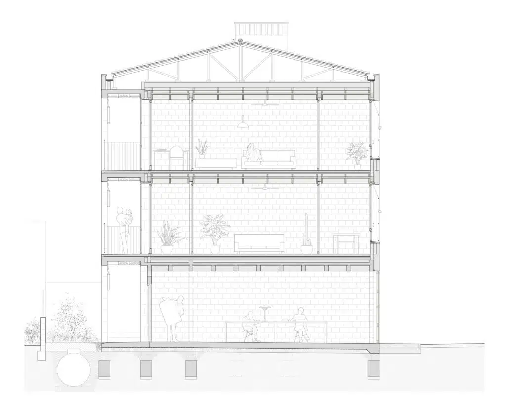 Architectural cross-section of the building showing the load-bearing stone walls, timber slabs, and internal living heights.