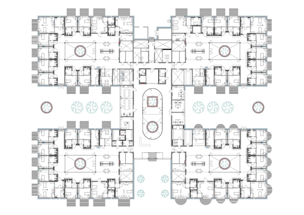 Detailed architectural floor plan of the Senior Citizens Home in Novy Bydzov showing the four-unit layout.