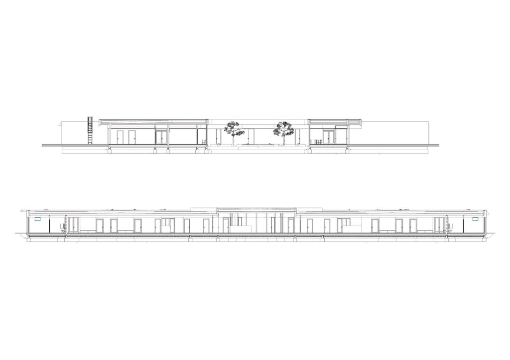 Architectural sections of the senior home showing the single-story height and courtyard integration.