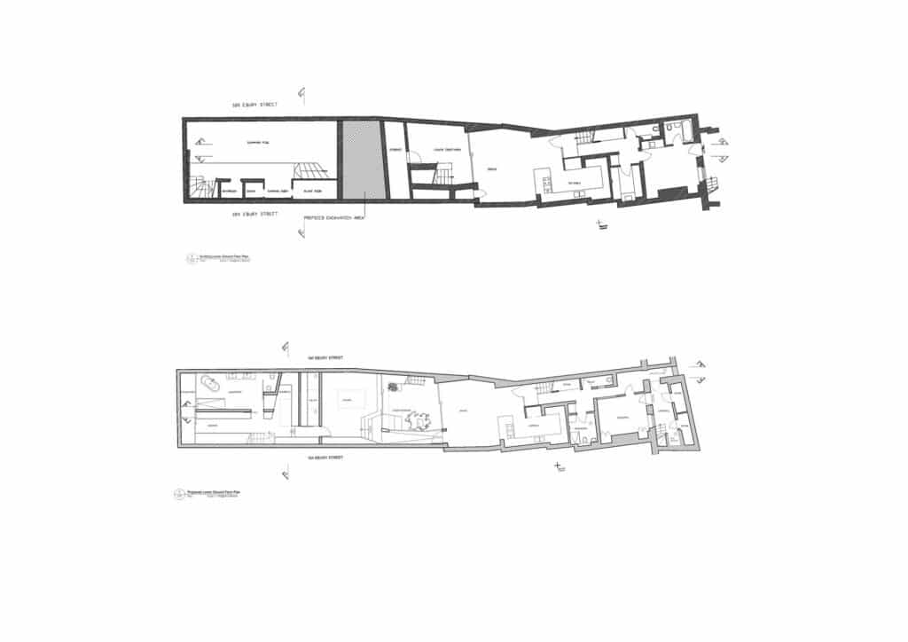 Architectural floor plans of Mozart House illustrating the conversion of an existing swimming pool into new residential spaces.