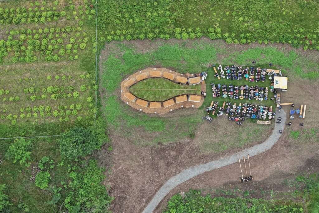 Top-down aerial view of the Open Chapel showing the fish-shaped arrangement of columns and the green roof.