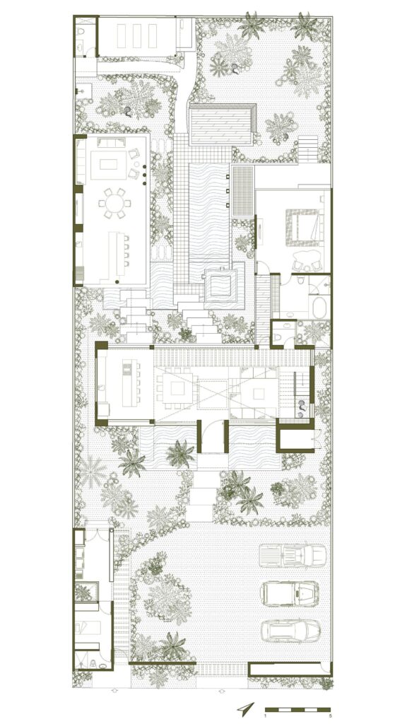 Ground floor architectural plan of Vihara House showing the layout of the garden, pool, and social areas.