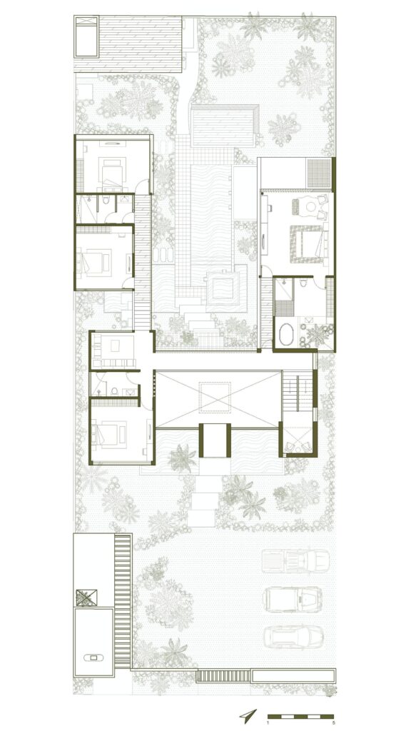 First floor architectural plan of Vihara House highlighting the bedroom wings and the glass dome connection.