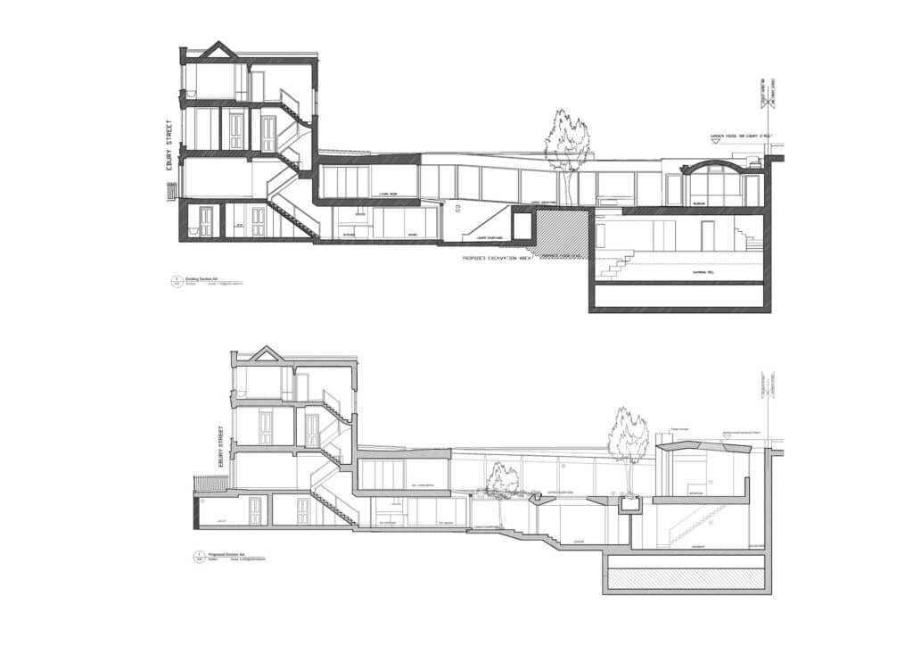 Architectural section drawing of Mozart House highlighting the vertical expansion, lightwells, and connection to Ebury Street.