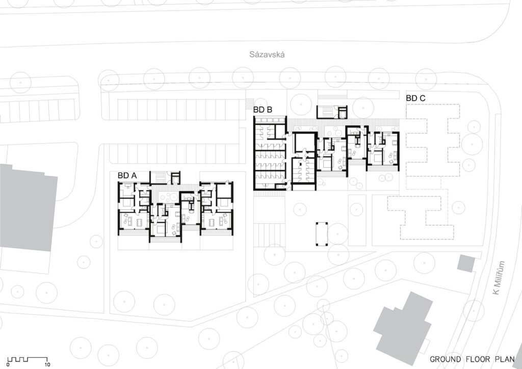 Architectural ground floor plan of Klafar residential project showing blocks A, B, and C.