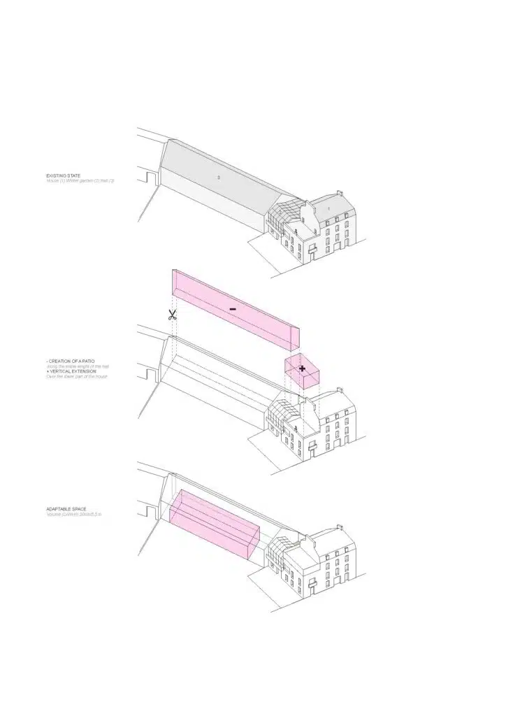 Exploded axonometric diagram showing the removal of the roof section to create an internal patio and the vertical extension process.