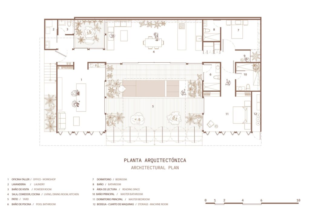 Detailed architectural floor plan of La Casa del Tiempo showing the distribution of the office, living areas, and central courtyard.