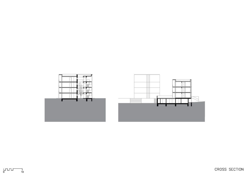 Architectural cross-section of the Klafar timber building showing four floors and the CLT wall system.