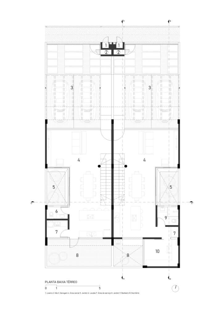 Ground floor architectural plan of TT Houses showing the layout of the living area, kitchen, and courtyard.