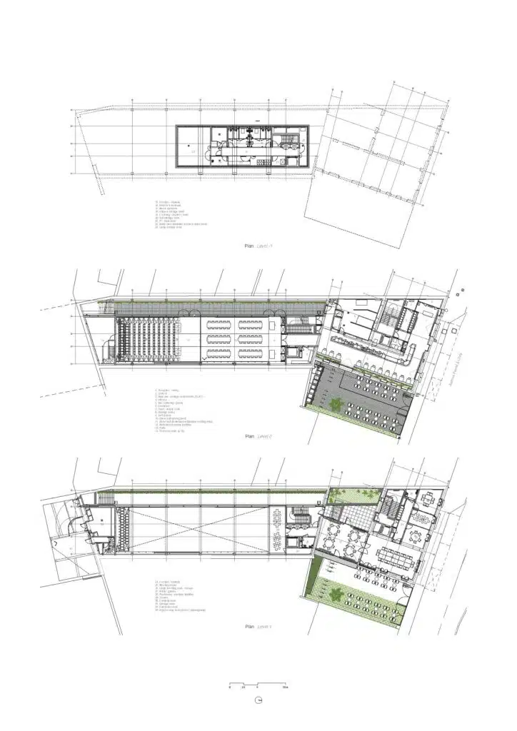 Detailed floor plans of the basement, ground floor, and first level of the Maison FLOW renovation project.