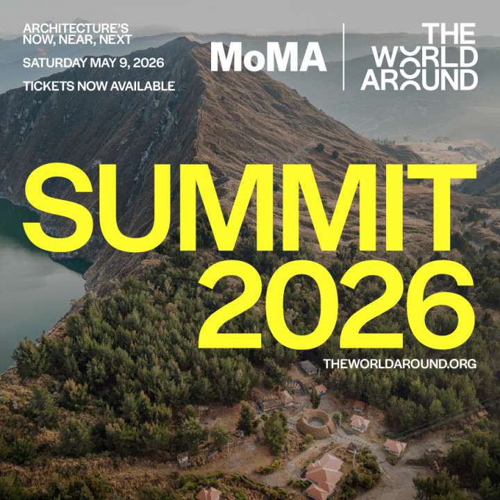 The World Around Summit 2026 promotional image highlighting a global architecture and design conference at MoMA featuring leading voices in innovation and future cities