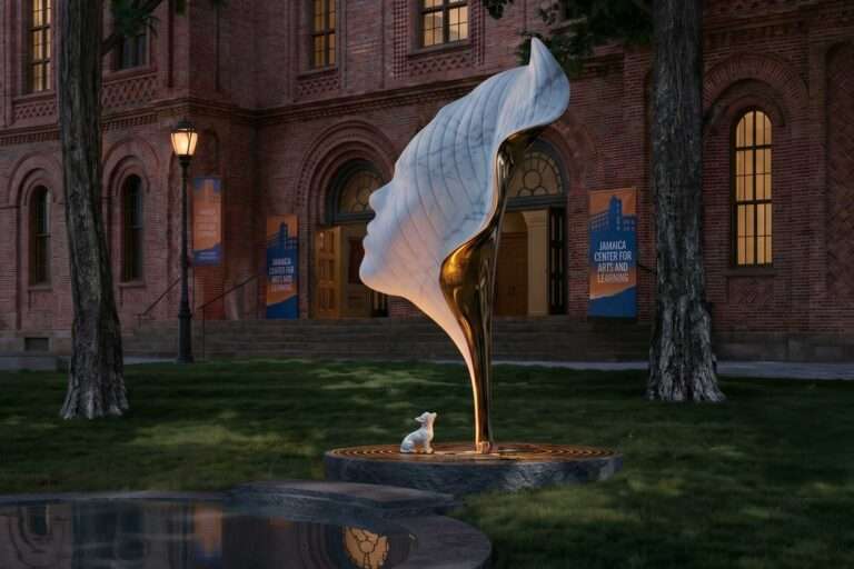 Towering Billie Holiday monument shaped as a white marble gardenia petal with a bronze stem and small white dog at base, set on a circular granite plinth before the red brick Romanesque facade of Jamaica Center for Arts and Learning at dusk