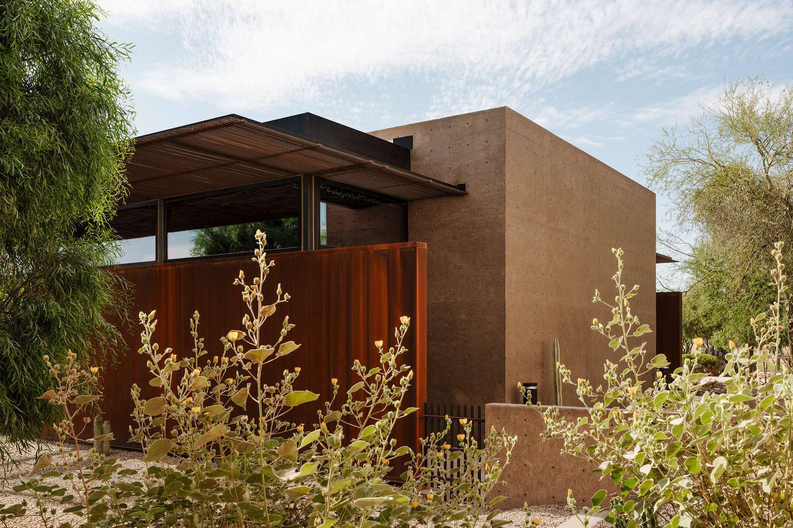 Cocopah Museum extension showing pigmented concrete volume and weathering steel wall behind desert vegetation