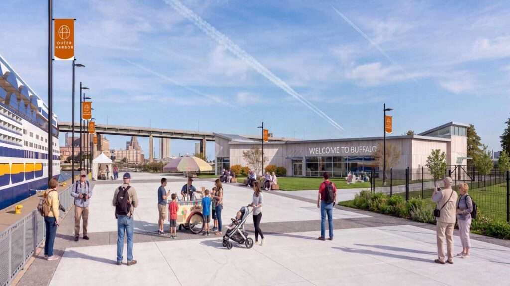 Rendering of the Welcome to Buffalo center with passengers disembarking from a cruise ship in the plaza.