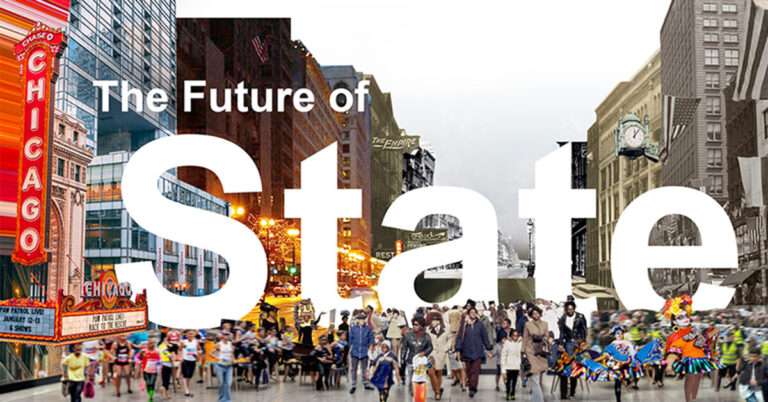 2026 Burnham Prize The Future of State competition poster envisioning the transformation of Chicago’s State Street through urban design, culture, and mixed use architecture