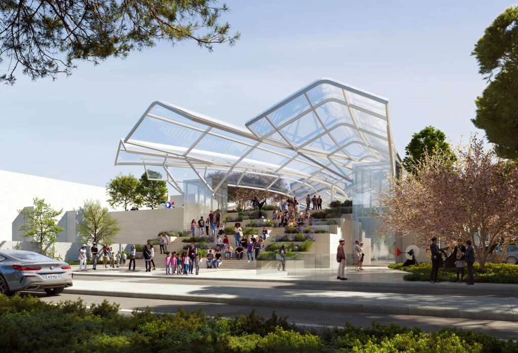 Eye-level view of a translucent, angular glass canopy over wide exterior steps filled with people.