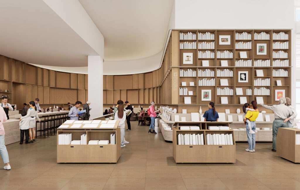 Interior view of a spacious welcome center featuring light wood shelving and a curved architectural layout.