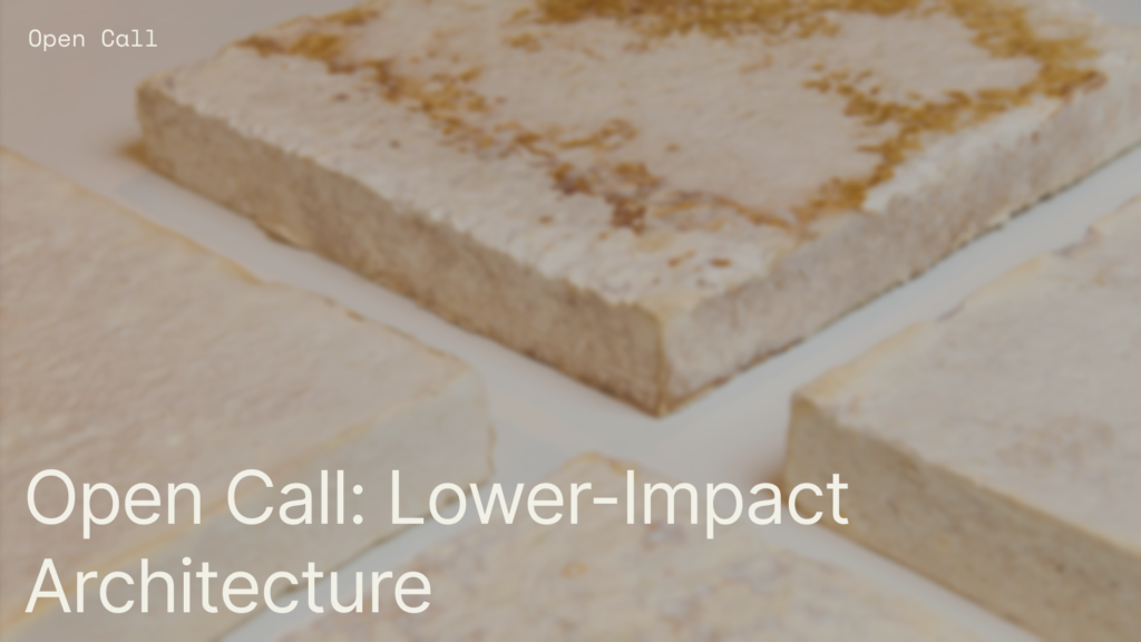 Promotional graphic for Revalu Open Call for Lower-Impact Architecture 2026, highlighting sustainable architecture and low-impact building materials.