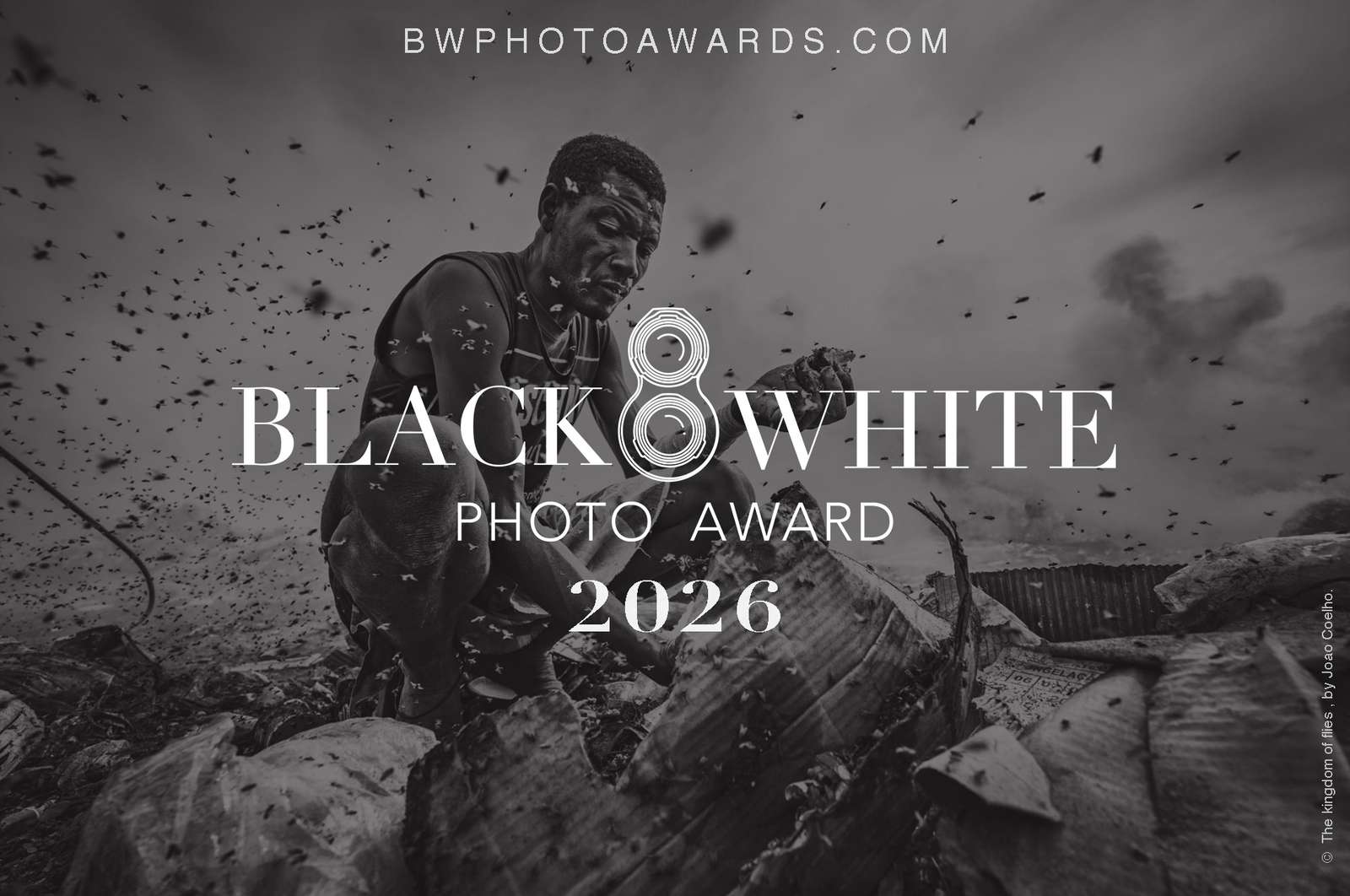 Black and White Photo Awards 2026 promotional poster celebrating international monochrome photography across architecture, street, portrait, landscape, and wildlife categories