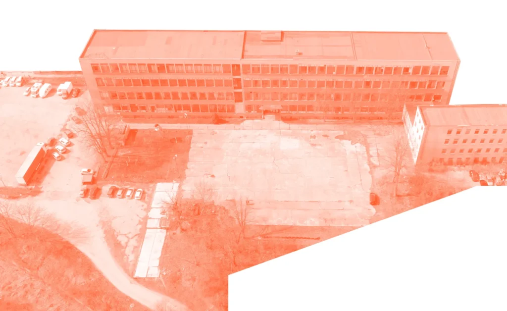 Christo and Jeanne Claude Center international architecture competition rendering showing adaptive reuse of the former textile school into a contemporary art and cultural hub in Gabrovo
