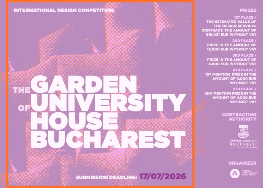 The Garden of University House Bucharest competition rendering showing historic garden restoration, adaptive reuse, and cultural landscape regeneration in central Bucharest