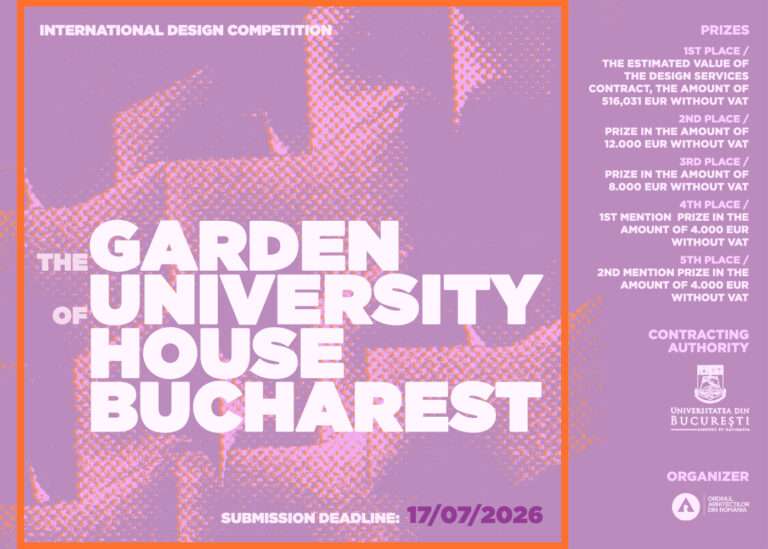 The Garden of University House Bucharest competition rendering showing historic garden restoration, adaptive reuse, and cultural landscape regeneration in central Bucharest