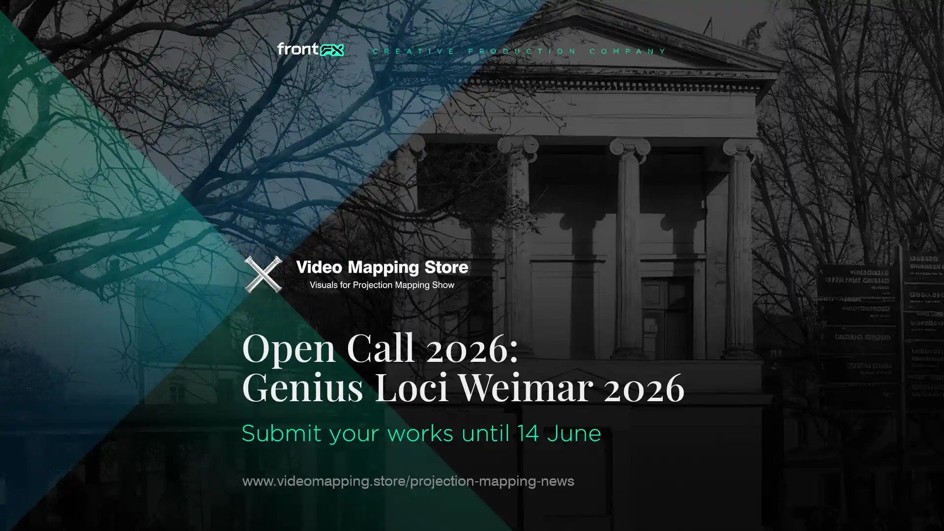 Genius Loci Weimar 2026 festival poster promoting international video mapping and façade projection competition exploring democracy, society, and media art in historic urban spaces