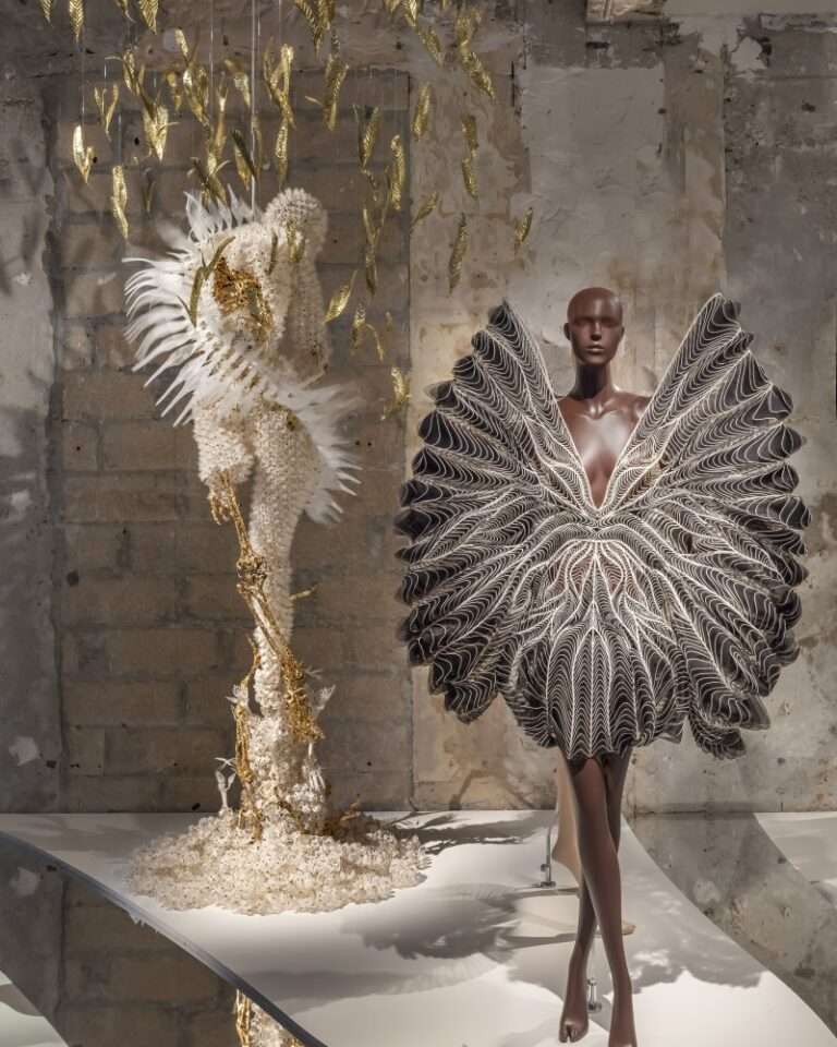 Iris van Herpen Sculpting the Senses exhibition image at the Brooklyn Museum showcasing futuristic haute couture inspired by nature, science, and technology