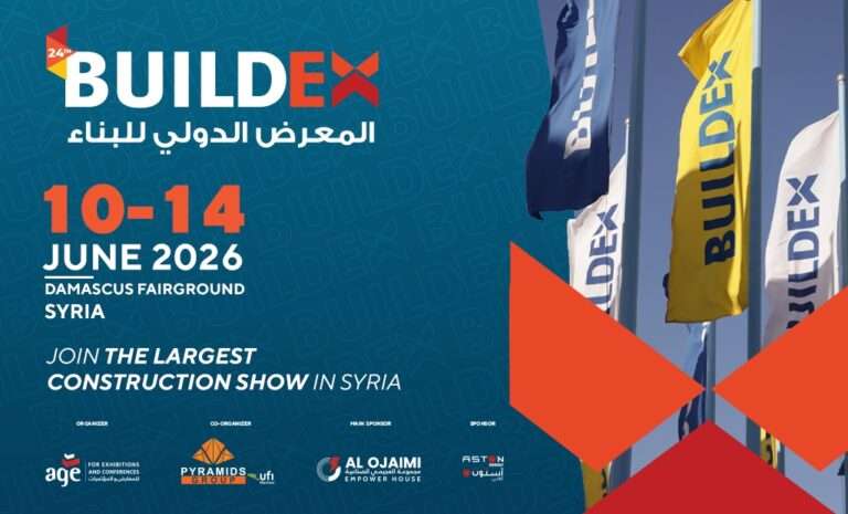 BUILDEX 2026 promotional image highlighting international construction, infrastructure, and building technology exhibition connecting architects, engineers, and industry leaders in Syria