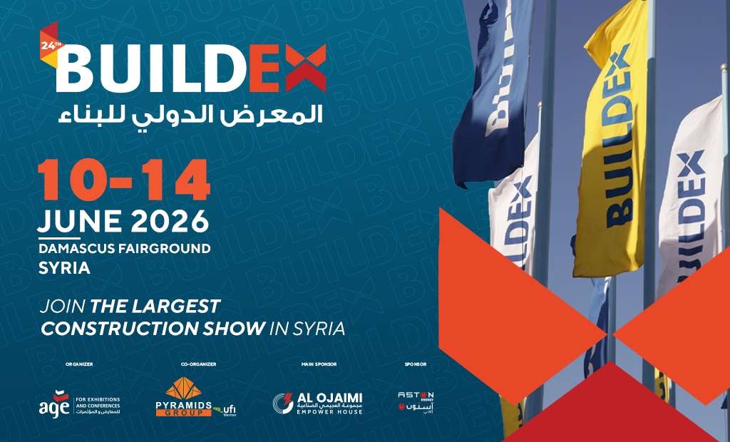 BUILDEX 2026 promotional image highlighting international construction, infrastructure, and building technology exhibition connecting architects, engineers, and industry leaders in Syria