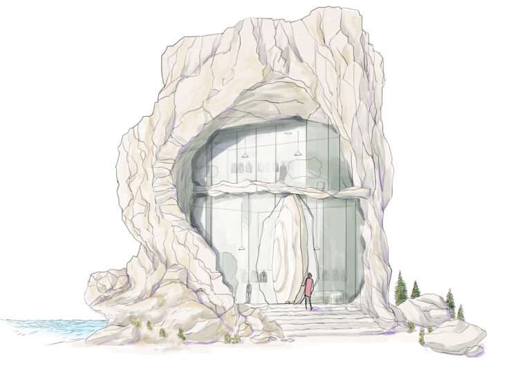 FritsJurgens pivot door installation in cave-like interior showcasing concealed hinge technology and sculptural architectural entrance design