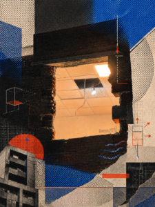Mixed-media collage showing a hole in a brick wall revealing a lit office ceiling, overlaid with architectural diagrams and geometric shapes
