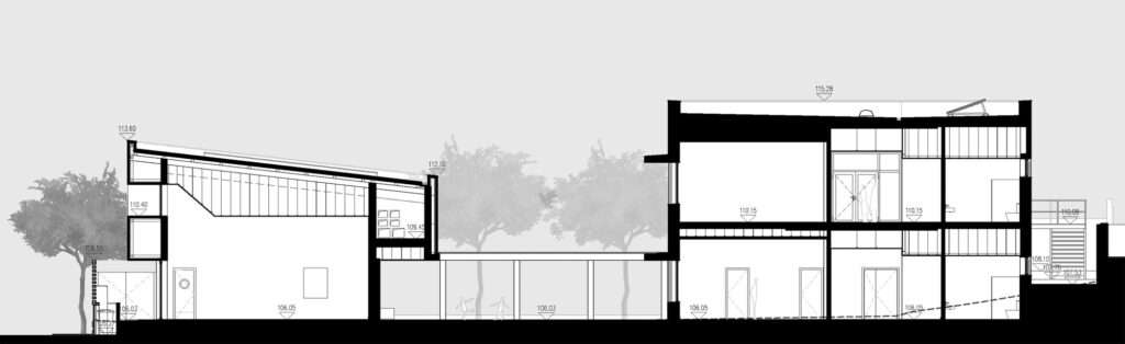 Architectural section drawing of the Camarate school showing building heights, interior volumes, and outdoor spaces.