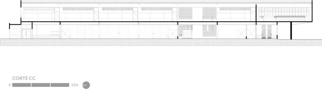 Architectural line drawing of Section CC, showing a long cross-section slice through the multi-tier school corridors, roof structure, and floor levels.