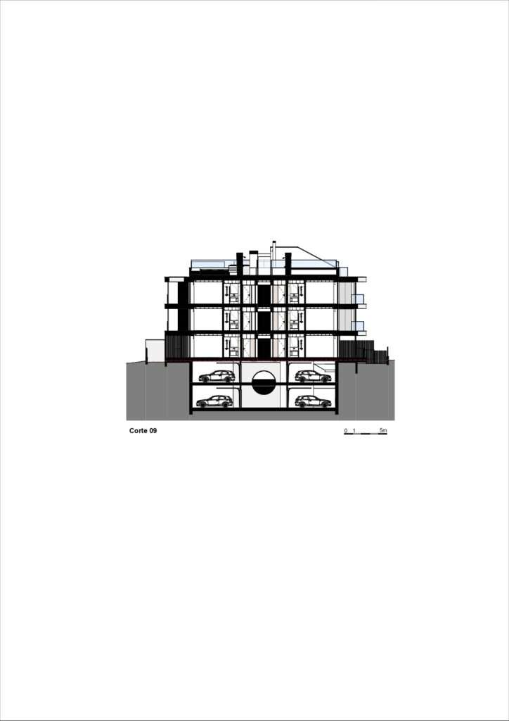 Technical cross-section drawing of Scala-Mare showing the three residential floors and two levels of underground parking.