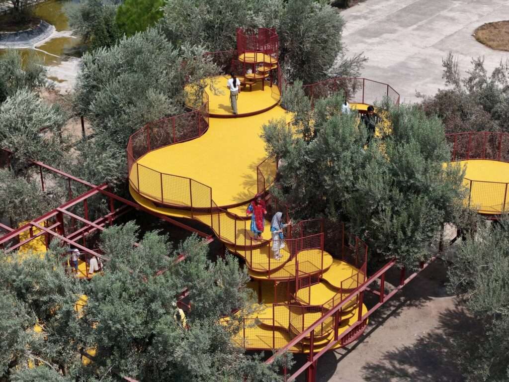 Top-down close-up view of children walking on multi-level curved yellow platforms built around olive tree trunks.