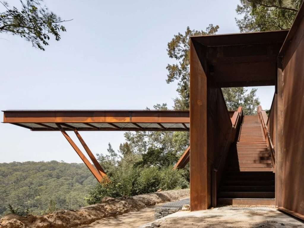 A 42-meter long Corten steel cantilevered lookout platform and staircase at Hornsby Quarry, Sydney.