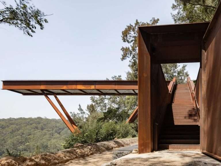 A 42-meter long Corten steel cantilevered lookout platform and staircase at Hornsby Quarry, Sydney.