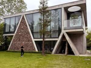 Modern concrete residential villa with a distinctive triangular wood-shingle accent wall and large floor-to-ceiling glass windows on a green lawn.
