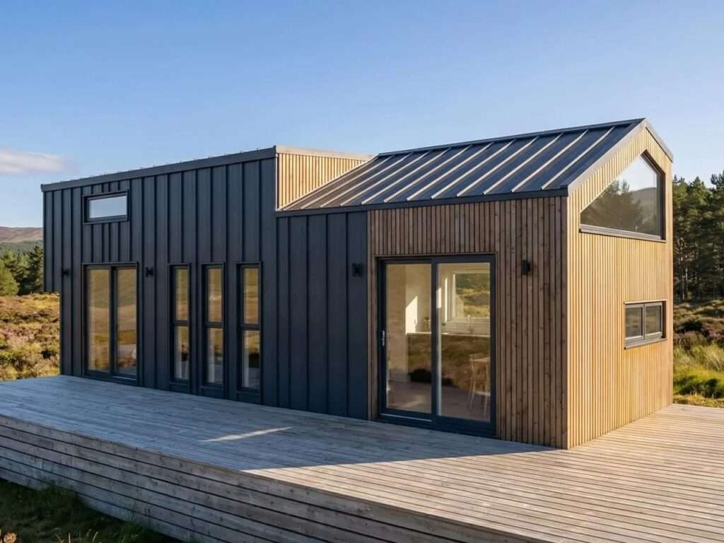 Exterior view of the SOMA tiny house featuring a dual-material facade with black metal panels and light wood cladding on a spacious timber deck.