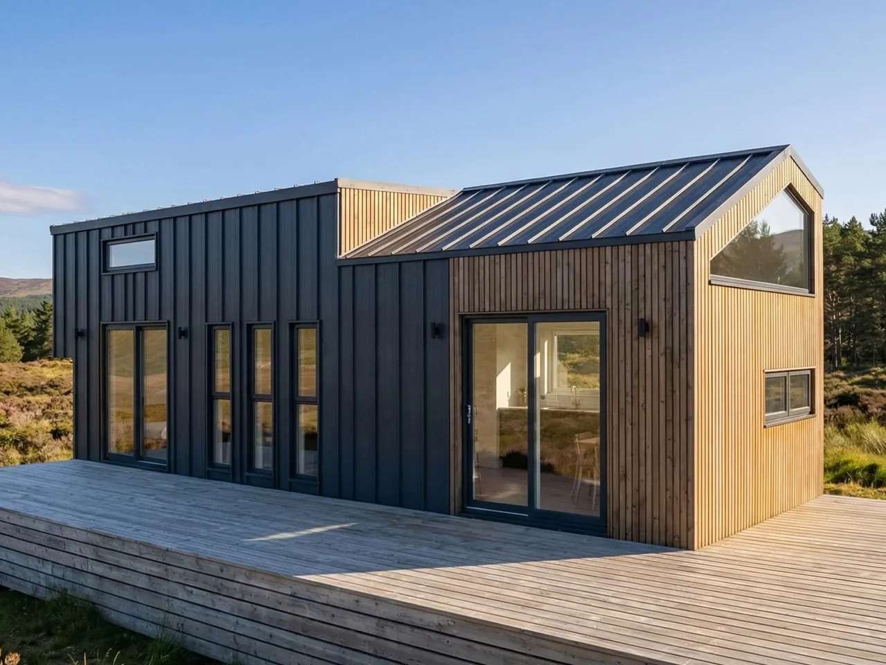 Exterior view of the SOMA tiny house featuring a dual-material facade with black metal panels and light wood cladding on a spacious timber deck.