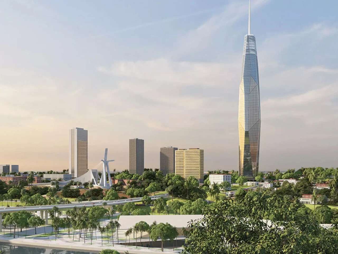 Daytime architectural rendering of Tour F Tower in Abidjan rising above the Plateau skyline, showing its sculpted glass facade and geometric spire surrounded by lush urban greenery.