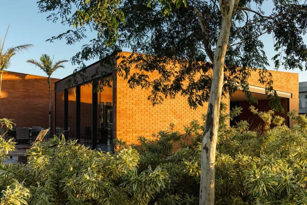 Close-up of the earth-cement brick walls of Casa Plateau surrounded by native vegetation at sunset.